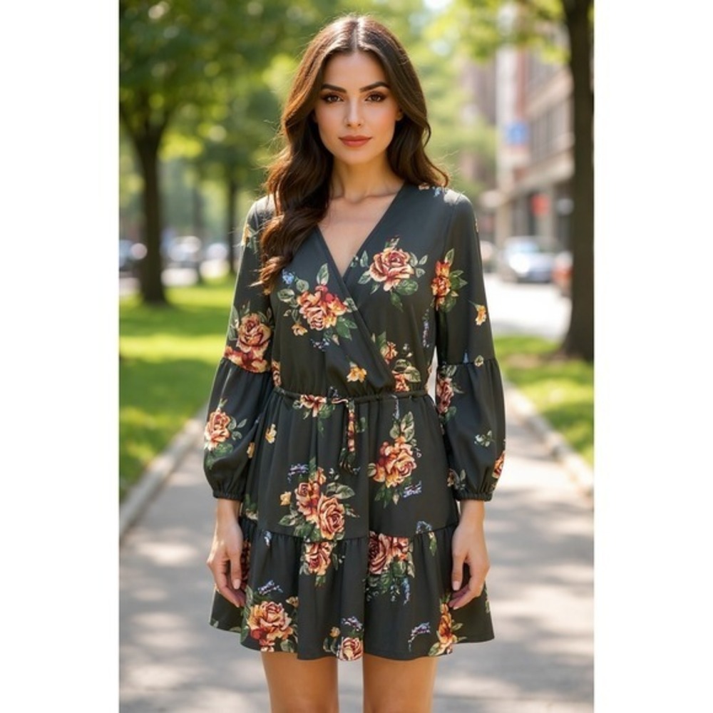 Maurices Floral‎ Print Dress, Long Sleeve, Ruffle Tiered, Gray, Women's Medium